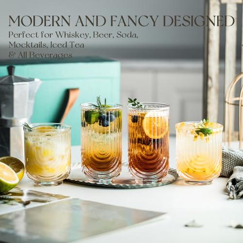 Art Deco Cocktail Glasses, Ribbed Drinking Glasses Set Of 8,14 oz Highball Glasses & 12 oz Cocktail Glasses Set, Kitchen W...