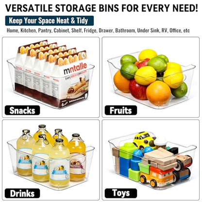 12 PACK Multi-Use Clear Plastic Storage Bins for Organizing w/ Labels - Home, Kitchen, Bathroom, Office, Pantry Cabinet Sh...