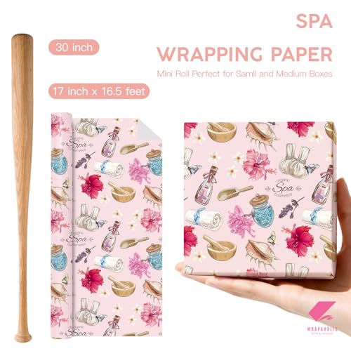 WRAPAHOLIC Spa Wrapping Paper Roll - Mini Roll - 17 Inch x 16.5 Feet - Pink Beauty Wellness and Floral Wrapping Paper for ...