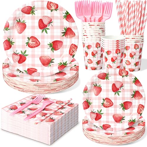 144 Pcs Strawberry Plates and Napkins Tableware Set, Plates Napkins Cups Straws and Forks Sets, Strawberry Party Birthday ...