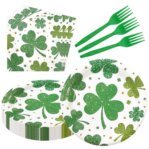 75pcs St. Patrick's Day Paper Plates Set-Disposable Lucky Clover Design Dinnerware Green Party Tableware for Irish Birthda...