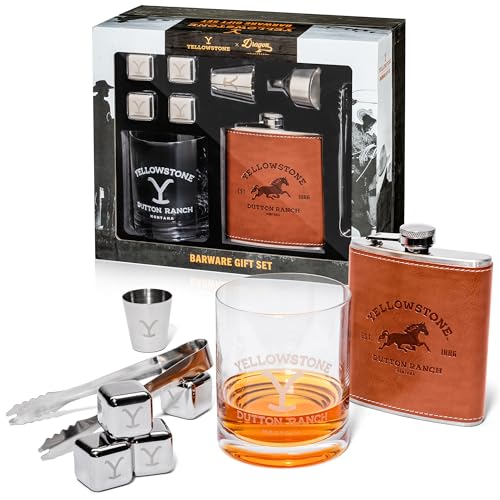 Dragon Glassware x Yellowstone Barware Gift Set of 4 - Includes a Yellowstone Shot Glass, Leather Flask, Chilling Stones &...