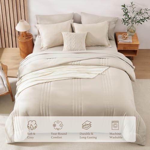 Monbix Queen Comforter Set - 7 Pieces Beige Bed in a Bag Queen Bedding Sets with Comforters, All Seasons Comforter Bed Set...