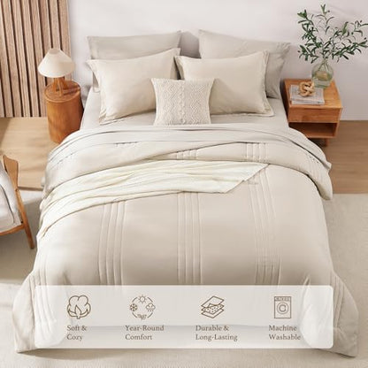 Monbix Queen Comforter Set - 7 Pieces Beige Bed in a Bag Queen Bedding Sets with Comforters, All Seasons Comforter Bed Set...