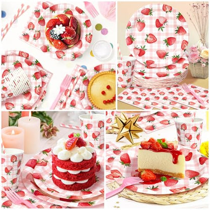 144 Pcs Strawberry Plates and Napkins Tableware Set, Plates Napkins Cups Straws and Forks Sets, Strawberry Party Birthday ...