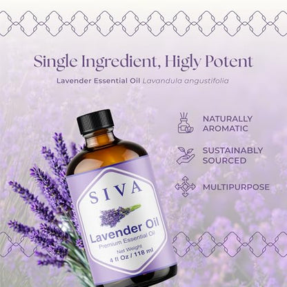 Siva Lavender Essential Oil - 4 Fl Oz – 100% Natural Lavender Oil - for Diffuser, Face, Skin Care, Aromatherapy, Hair Car...