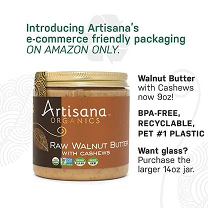 Artisana Organics Raw Walnut Butter with Cashews | No Sugar Added, Just Two Ingredients - Vegan, Paleo, and Non GMO, 9oz Jar