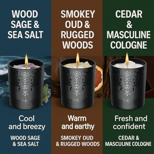 Luxury Black Scented Candles Gift Set for Men – 3×7oz Soy & Beeswax Crystal Candles with Wick Trimmer & Snuffer, Masculine...