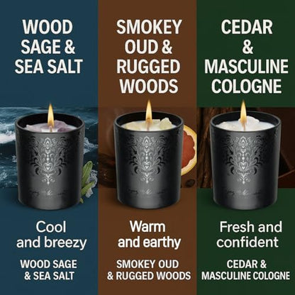 Luxury Black Scented Candles Gift Set for Men – 3×7oz Soy & Beeswax Crystal Candles with Wick Trimmer & Snuffer, Masculine...