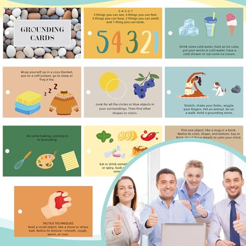 AmazingSpark 10 Pcs Grounding Card Coping Skills Card for Anxiety & Stress Relief with Metal Binder Rings Mindfulness Flas...