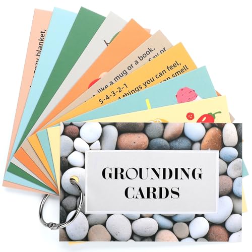 AmazingSpark 10 Pcs Grounding Card Coping Skills Card for Anxiety & Stress Relief with Metal Binder Rings Mindfulness Flas...