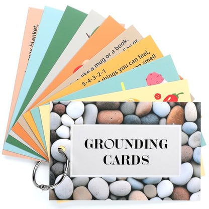 AmazingSpark 10 Pcs Grounding Card Coping Skills Card for Anxiety & Stress Relief with Metal Binder Rings Mindfulness Flas...