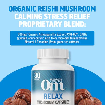 OM MUSHROOM SUPERFOOD Relax Mushroom Capsules, 90 Count, 30 Days, Reishi Mushrooms, Ashwagandha, GABA, L-Theanine, Magnesi...