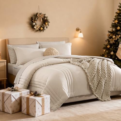 Monbix Queen Comforter Set - 7 Pieces Beige Bed in a Bag Queen Bedding Sets with Comforters, All Seasons Comforter Bed Set...
