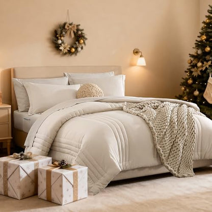 Monbix Queen Comforter Set - 7 Pieces Beige Bed in a Bag Queen Bedding Sets with Comforters, All Seasons Comforter Bed Set...