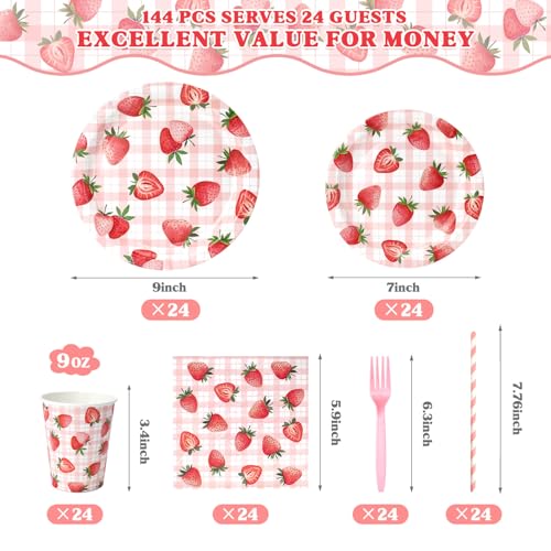 144 Pcs Strawberry Plates and Napkins Tableware Set, Plates Napkins Cups Straws and Forks Sets, Strawberry Party Birthday ...