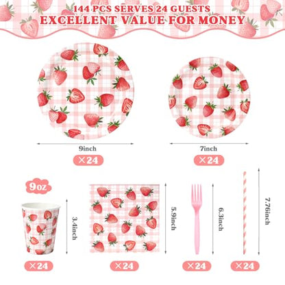 144 Pcs Strawberry Plates and Napkins Tableware Set, Plates Napkins Cups Straws and Forks Sets, Strawberry Party Birthday ...