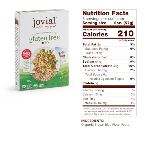 Jovial Organic Brown Rice Orzo Pasta - Gluten Free Whole Grain Orzo, Dairy Free, Made with 2 Ingredients, Non GMO, Artisan...