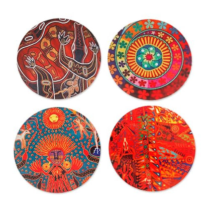 NOVICA Artisan Handmade Decoupage Wood Coasters Pinewood with Mexican Huichol Motifs Multicolor Mexico Tableware Barware F...