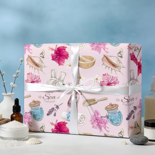 WRAPAHOLIC Spa Wrapping Paper Roll - Mini Roll - 17 Inch x 16.5 Feet - Pink Beauty Wellness and Floral Wrapping Paper for ...