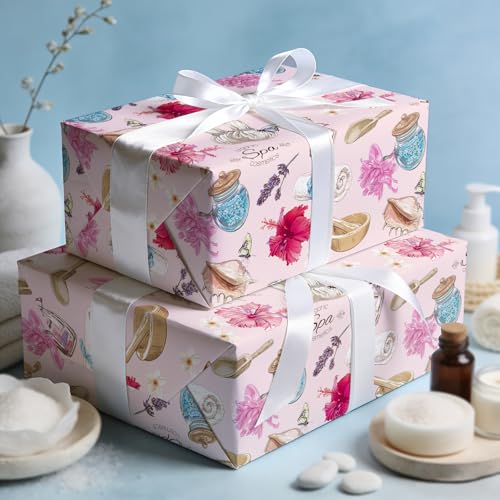 WRAPAHOLIC Spa Wrapping Paper Roll - Mini Roll - 17 Inch x 16.5 Feet - Pink Beauty Wellness and Floral Wrapping Paper for ...