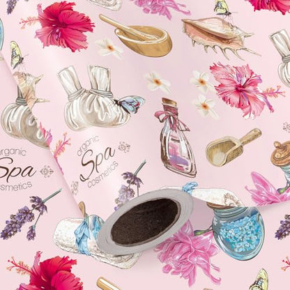WRAPAHOLIC Spa Wrapping Paper Roll - Mini Roll - 17 Inch x 16.5 Feet - Pink Beauty Wellness and Floral Wrapping Paper for ...