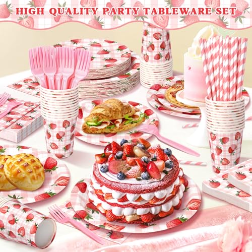 144 Pcs Strawberry Plates and Napkins Tableware Set, Plates Napkins Cups Straws and Forks Sets, Strawberry Party Birthday ...
