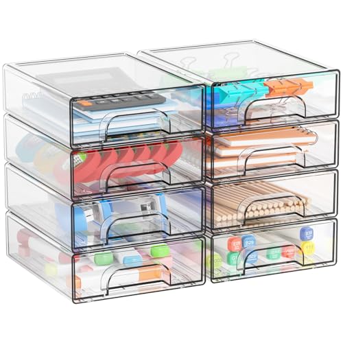 Yieach 2.2'' Tall Acrylic Clear Stackable Storage Drawer Organizer,8 Pack Desk Organization and Storage,Plastic Office Sup...