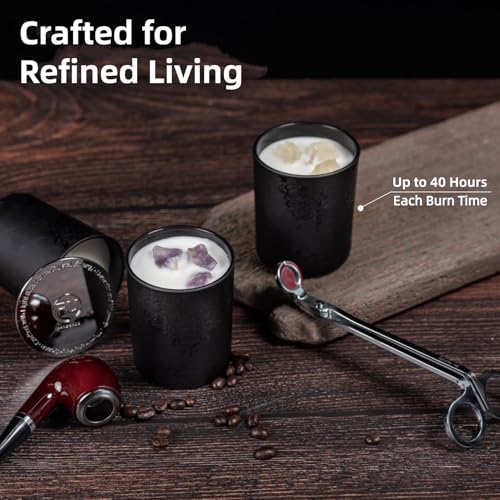 Luxury Black Scented Candles Gift Set for Men – 3×7oz Soy & Beeswax Crystal Candles with Wick Trimmer & Snuffer, Masculine...