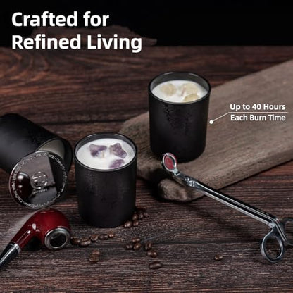 Luxury Black Scented Candles Gift Set for Men – 3×7oz Soy & Beeswax Crystal Candles with Wick Trimmer & Snuffer, Masculine...