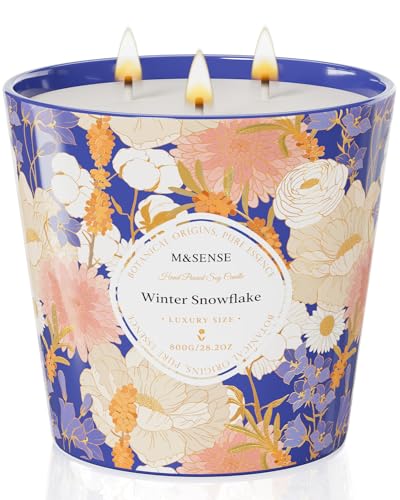 M&SENSE Winter Snow Flake Scented Candle, 28.2oz 3 Wick Natural Soy Wax Large Candles, Long Lasting Clean Slow Burning No ...