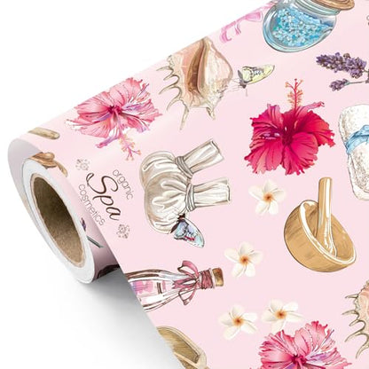 WRAPAHOLIC Spa Wrapping Paper Roll - Mini Roll - 17 Inch x 16.5 Feet - Pink Beauty Wellness and Floral Wrapping Paper for ...