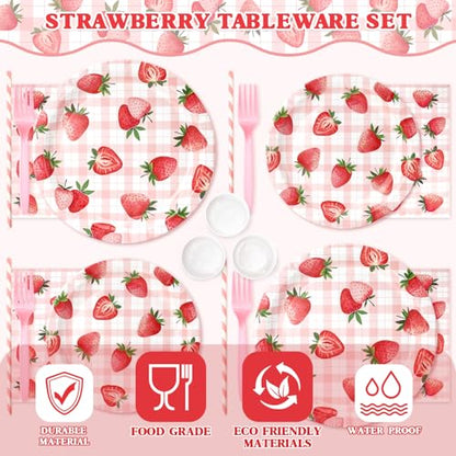 144 Pcs Strawberry Plates and Napkins Tableware Set, Plates Napkins Cups Straws and Forks Sets, Strawberry Party Birthday ...
