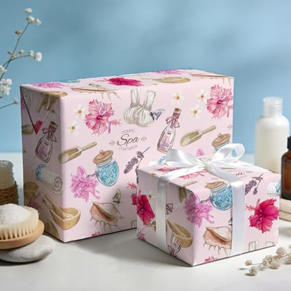 WRAPAHOLIC Spa Wrapping Paper Roll - Mini Roll - 17 Inch x 16.5 Feet - Pink Beauty Wellness and Floral Wrapping Paper for ...