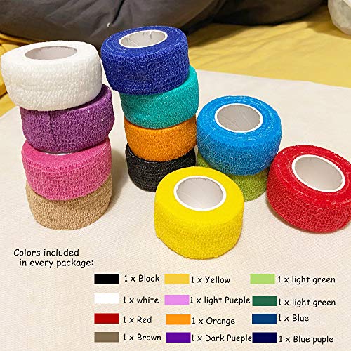 (12-Pack) 1” x 5 Yards | Self Adhesive Bandage Wrap, Kuvvfe Athletic Elastic Cohesive Bandage for Sports Injury,Strain,Kne...