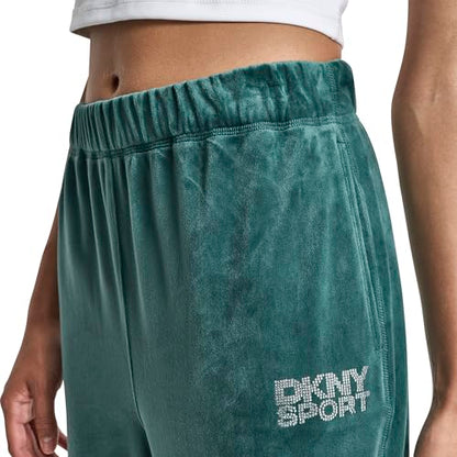 DKNY Womens High Rise Relaxed Cuff Rhinestone Logo Novelty Velour Sweatpant