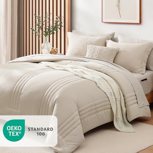 Monbix Queen Comforter Set - 7 Pieces Beige Bed in a Bag Queen Bedding Sets with Comforters, All Seasons Comforter Bed Set...