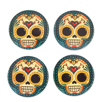 NOVICA Artisan Handmade Decoupage Wood Coasters Pinewood with Day of The Dead Motifs Multicolor Mexico Tableware Barware F...