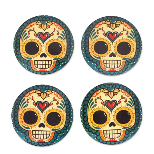 NOVICA Artisan Handmade Decoupage Wood Coasters Pinewood with Day of The Dead Motifs Multicolor Mexico Tableware Barware F...