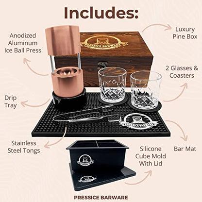 Pressice Barware Ice Press Kit – 2.3" Fast Sphere Maker – American Owned & Operated – Includes Ice Mold – Aircraft-Grade A...