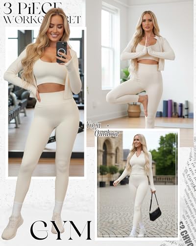 Simlakey Women 3 Piece Seamless Workout Set Sports Bra High Waisted Gym Yoga Leggings Zip Up Jacket with Thumbhole Activewear