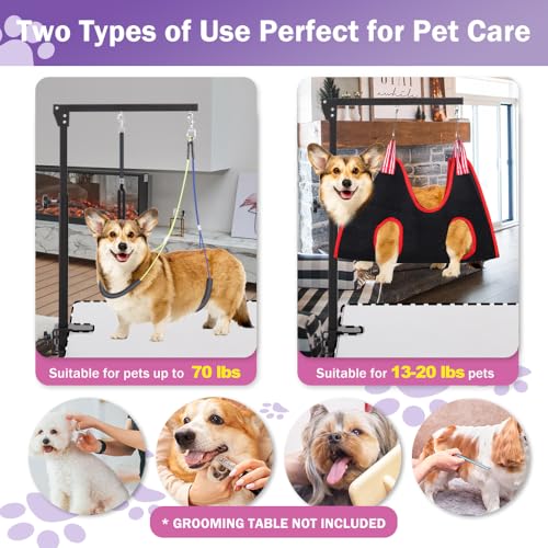 AGESISI Dog Grooming Arm with Clamp, Heavy Duty Pet Grooming Table Arm with Grooming Hammock, Loop Noose & Two No-Sit Haun...