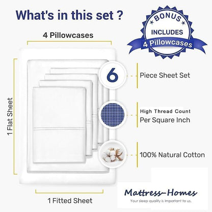 Mattress-Homes Extra Deep Pocket 6 Piece King Sheet Set, Hotel Luxury Collection, 100% Egyptian Cotton, 21" Deep Fitted Sh...