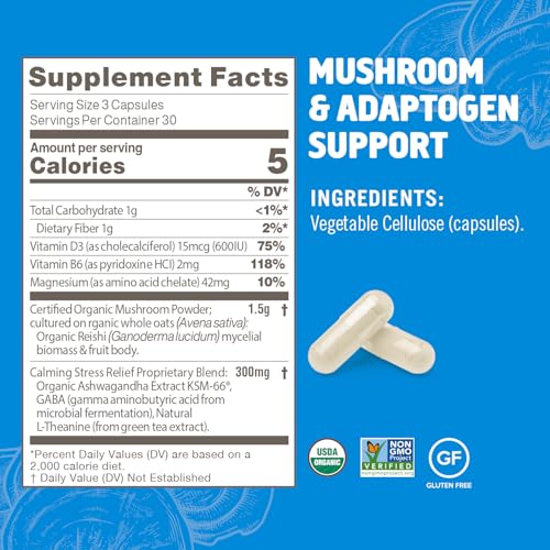 OM MUSHROOM SUPERFOOD Relax Mushroom Capsules, 90 Count, 30 Days, Reishi Mushrooms, Ashwagandha, GABA, L-Theanine, Magnesi...