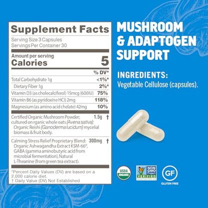 OM MUSHROOM SUPERFOOD Relax Mushroom Capsules, 90 Count, 30 Days, Reishi Mushrooms, Ashwagandha, GABA, L-Theanine, Magnesi...