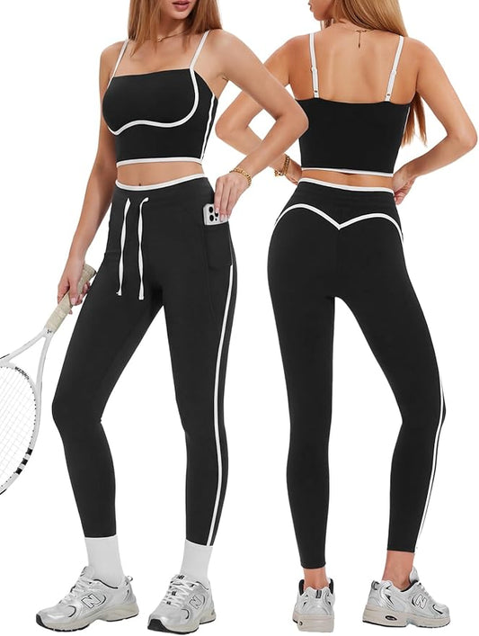 Women's 2 Piece Workout Set with Pockets Square Neck High Waist Leggings for Gym Tennis Golf Yoga Running Pilates Outfits