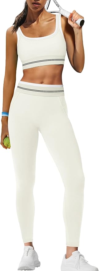 Panadila Womens Yoga Set 2 Piece Outfits Striped Workout Set Gym Matching Sports Bra and High Waist Leggings Activewear