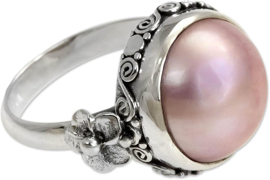 NOVICA Artisan Handmade Pearl Flower Ring Floral Sterling Silver Cocktail Pink Indonesia Birthstone [crownbezel 0.4 in H x...