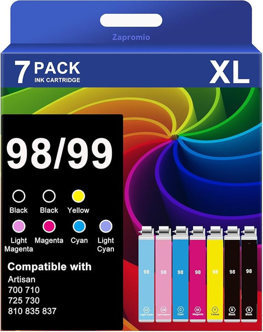 Zapromio 7-Pack 98 99 Ink Cartridge Remanufactured for Epson T098 T099 Ink Combo for Artisan 700 710 725 730 800 810 835 8...