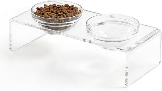 Feoyoho Elevated Acrylic Pet Bowl Stand – Raised Cat & Dog Bowls with 2 Glass & 2 Stainless Steel Bowls, Modern Clear Desi...